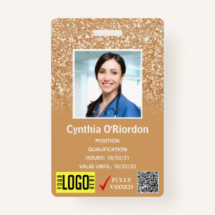 Gold Glitter Medical Photo ID QR Barcode Badge ID Badge