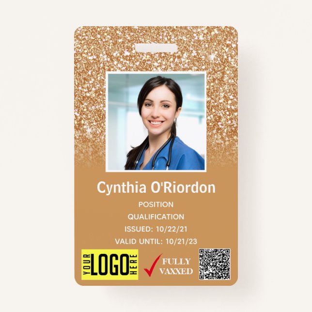 Gold Glitter Medical Photo ID QR Barcode Badge ID Badge (Front)