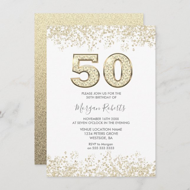 Gold Glitter Mens or Womans 50th Birthday Party Invitation (Front/Back)