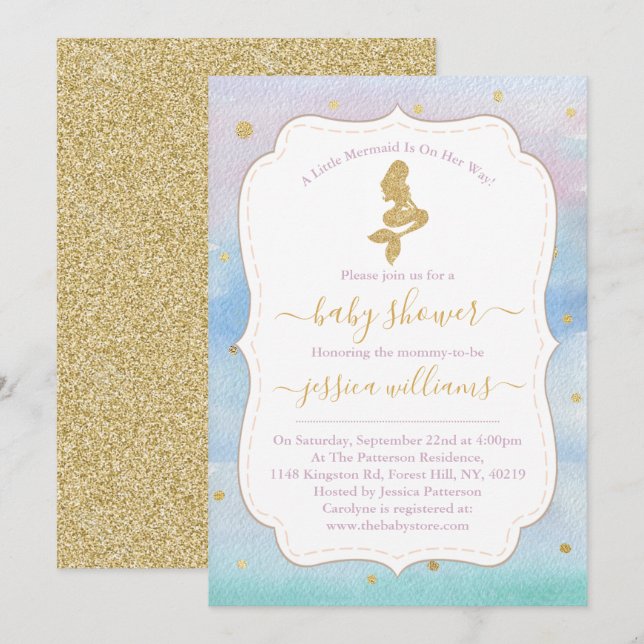 Gold Glitter Mermaid Baby Shower Invitation (Front/Back)