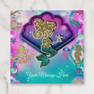 Gold Glitter Mermaid Holding Starfish Birthday Favour Tags