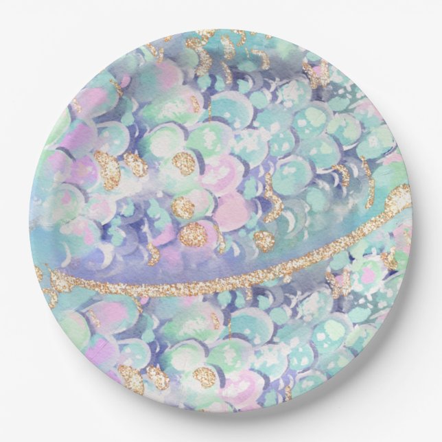 Gold Glitter Mermaid Scales Under the Sea Birthday Paper Plate (Front)