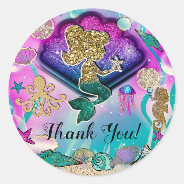 Gold glitter Mermaid & Shells Under the Sea Party Classic Round Sticker (Front)