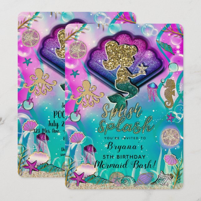 Gold glitter Mermaid & Shells Under the Sea Party Invitation (Front/Back)