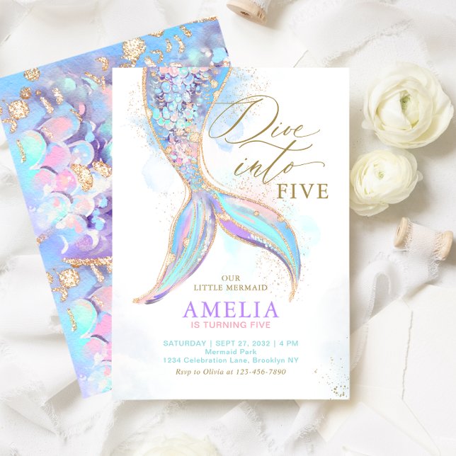 Gold Glitter Mermaid Tail Dive into Kids Birthday Invitation (Creator Uploaded)