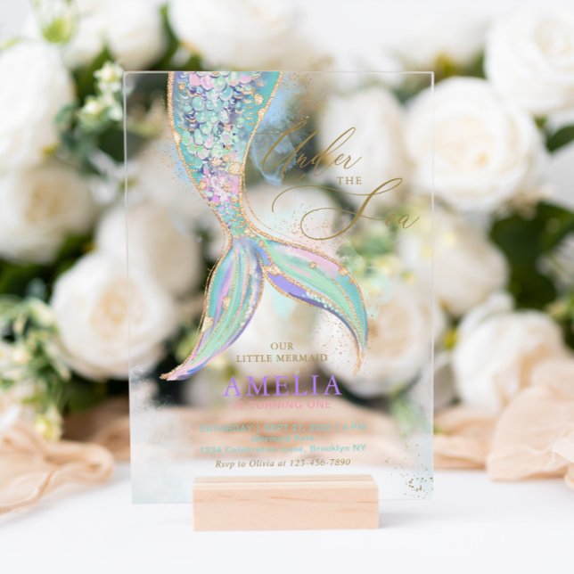 Gold Glitter Mermaid Tail Under the Sea Birthday Acrylic Invitations (Creator Uploaded)