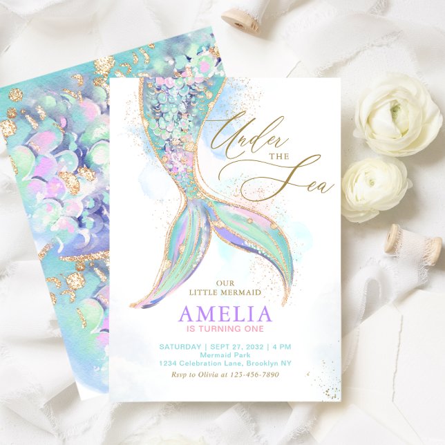Gold Glitter Mermaid Tail Under the Sea Birthday Invitation (Creator Uploaded)