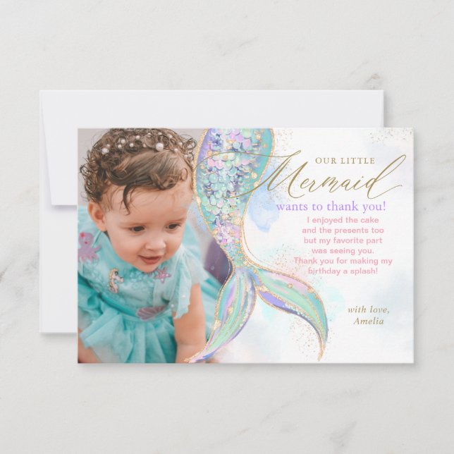 Gold Glitter Mermaid Tail Under the Sea Photo Thank You Card (Front)