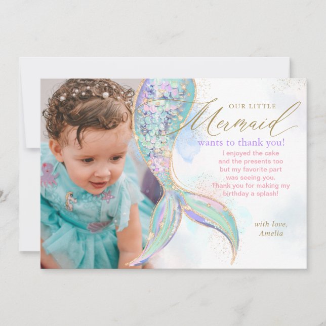 Gold Glitter Mermaid Tail Under the Sea Photo Thank You Card (Front)