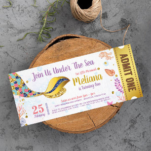 Gold Glitter Mermaid Under The Sea Ticket Pass Invitation