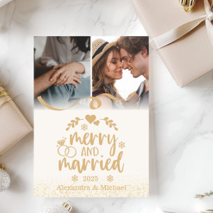 Gold Glitter Merry and Married 2 Photo  Holiday Card