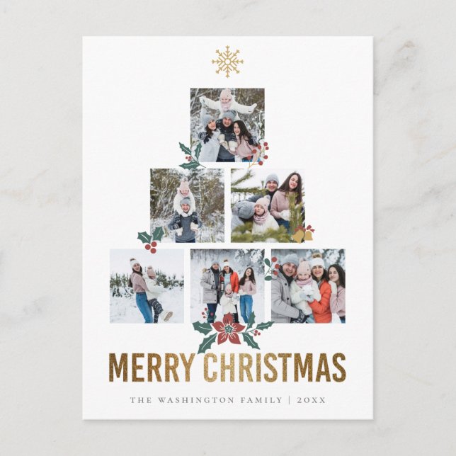 Gold Glitter Merry Christmas 6 Family Photos Holiday Postcard (Front)