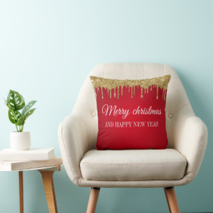 Gold glitter merry christmas and happy new year cushion