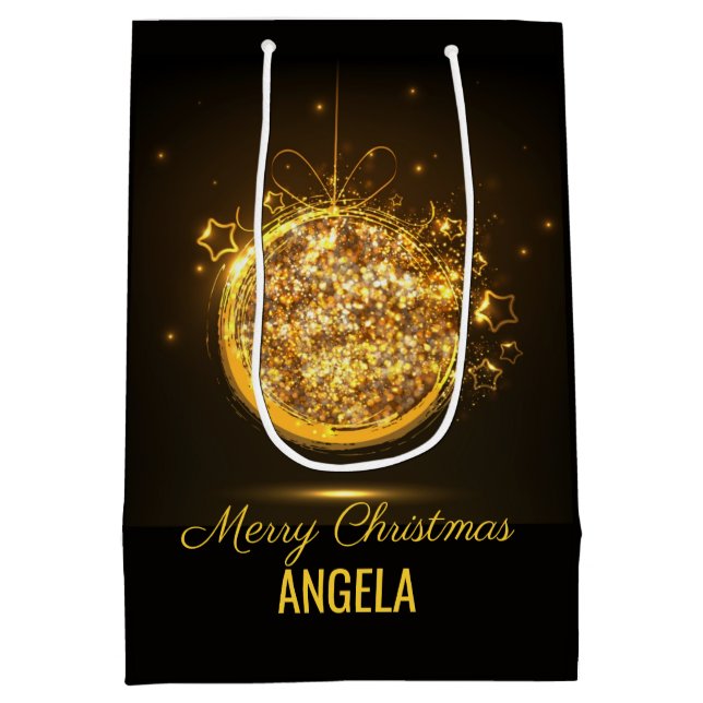 Gold Glitter Merry Christmas Ball Elegant Gift Bag (Back)