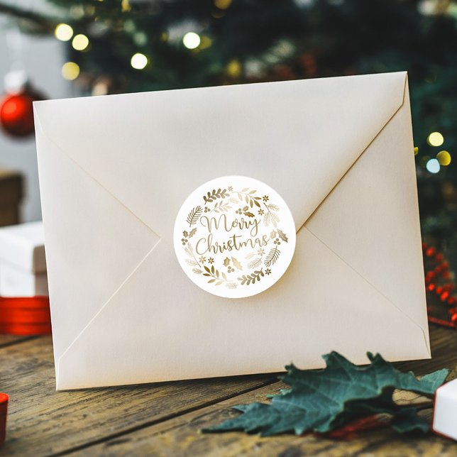 Gold Glitter Merry Christmas Classic Round Sticker (Creator Uploaded)