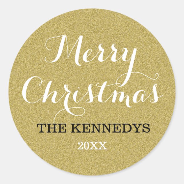 Gold Glitter Merry Christmas Holiday Classic Round Sticker (Front)