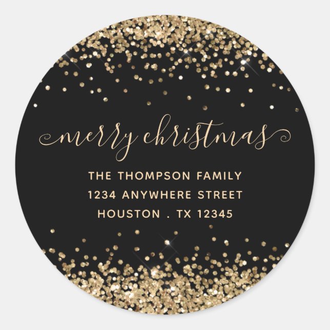 Gold Glitter Merry Christmas Name Address Black Classic Round Sticker (Front)