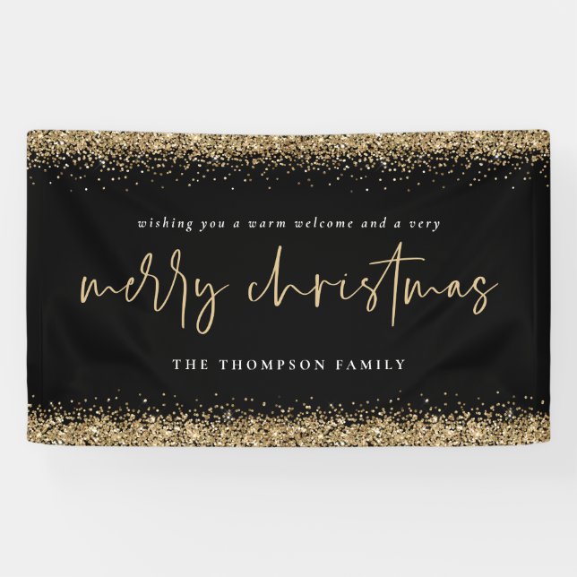 Gold Glitter Merry Christmas Name Black Banner (Horizontal)