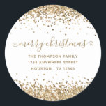 Gold Glitter Merry Christmas Name Return Address Classic Round Sticker<br><div class="desc">Gold Glitter Merry Christmas Name Return Address. Easily personalise the text.</div>