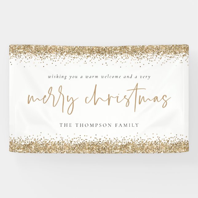 Gold Glitter Merry Christmas Name White Banner (Horizontal)