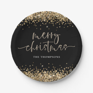 Gold Glitter Merry Christmas Party Black Paper Plate