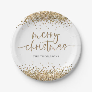 Gold Glitter Merry Christmas Party Paper Plate