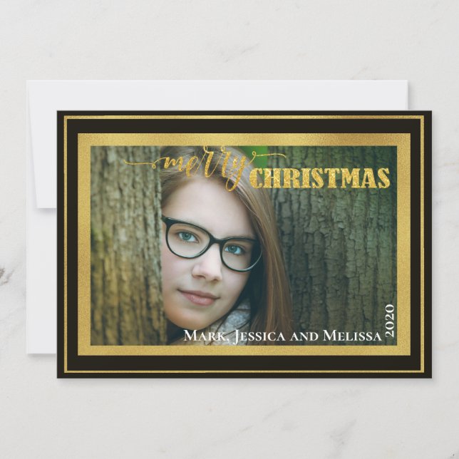 Gold Glitter ~ Merry Christmas Personalised Photo Holiday Card (Front)