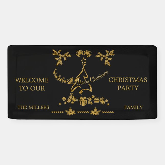 Gold Glitter Merry Christmas, Santa Claus Banner (Horizontal)