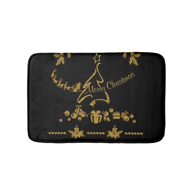Gold Glitter Merry Christmas, Santa Claus Bath Mat (Front)