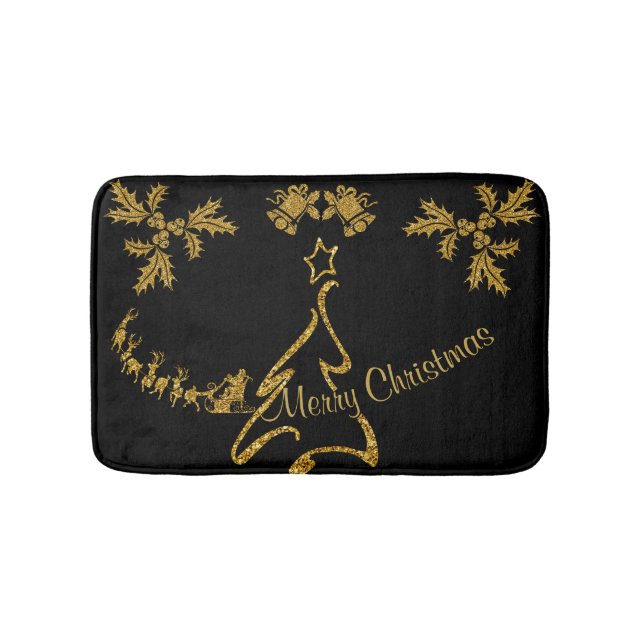 Gold Glitter Merry Christmas, Santa Claus Bath Mat (Front)