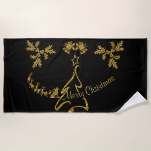 Gold Glitter Merry Christmas, Santa Claus Beach Towel