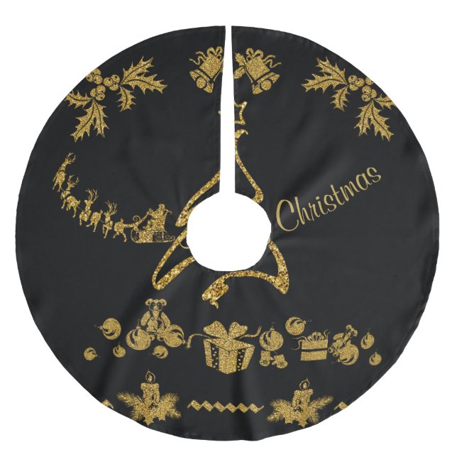 Gold Glitter Merry Christmas, Santa Claus Brushed Polyester Tree Skirt (Front)