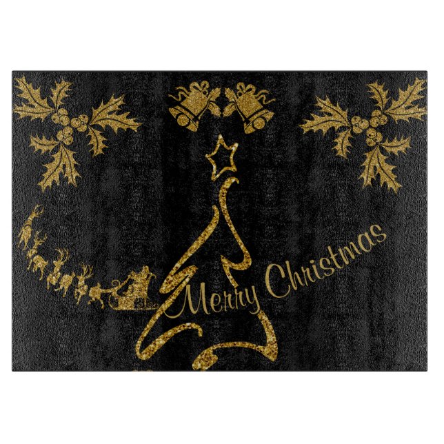Gold Glitter Merry Christmas, Santa Claus Cutting Board (Front)