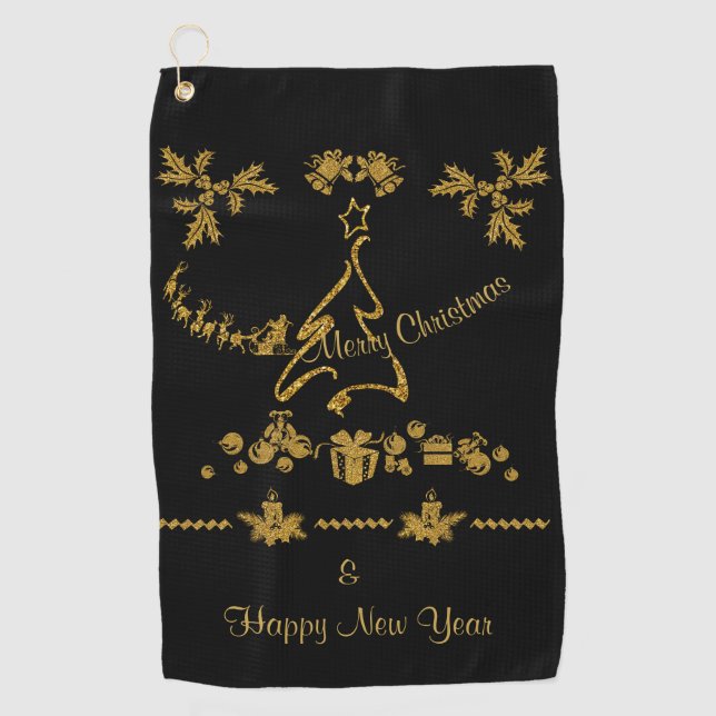 Gold Glitter Merry Christmas, Santa Claus Golf Towel (Front)