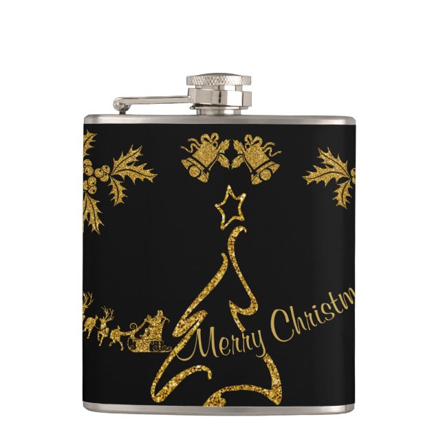 Gold Glitter Merry Christmas, Santa Claus Hip Flask (Front)