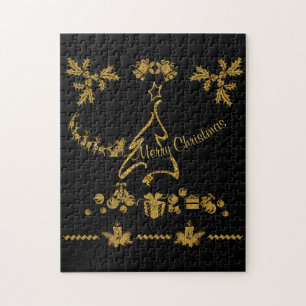 Gold Glitter Merry Christmas, Santa Claus Jigsaw Puzzle