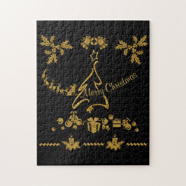 Gold Glitter Merry Christmas, Santa Claus Jigsaw Puzzle (Vertical)