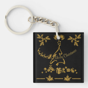 Gold Glitter Merry Christmas, Santa Claus Key Ring