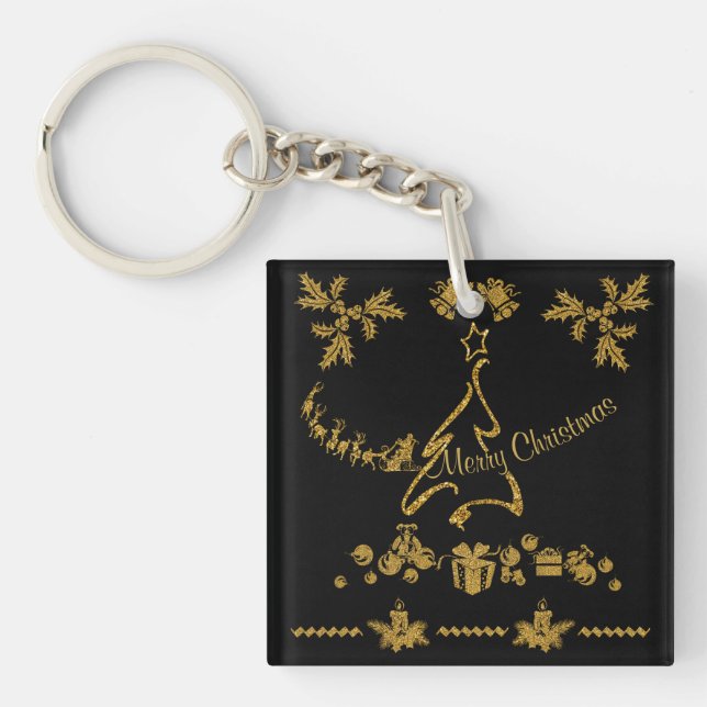 Gold Glitter Merry Christmas, Santa Claus Key Ring (Front)