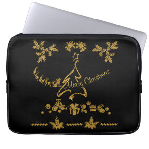 Gold Glitter Merry Christmas, Santa Claus Laptop Sleeve