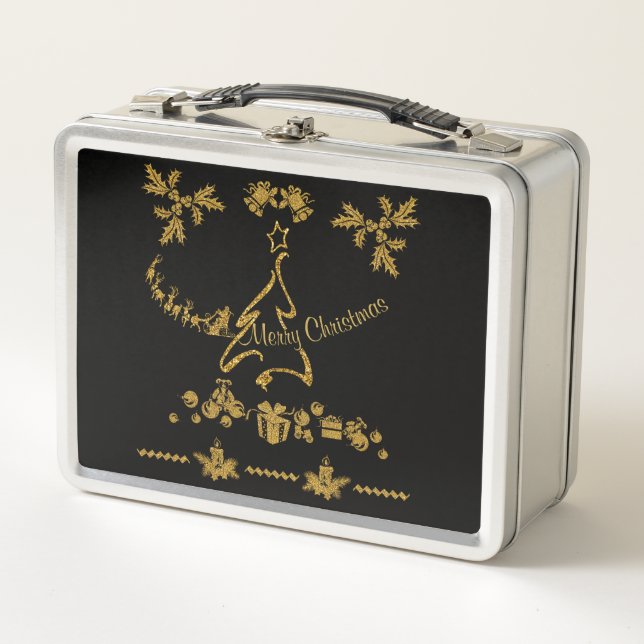 Gold Glitter Merry Christmas, Santa Claus Metal Lunch Box (Front)