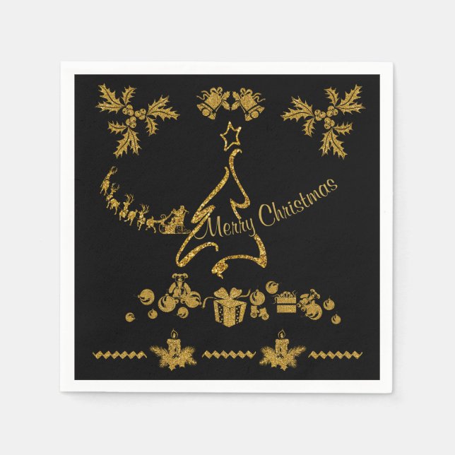Gold Glitter Merry Christmas, Santa Claus Napkin (Front)