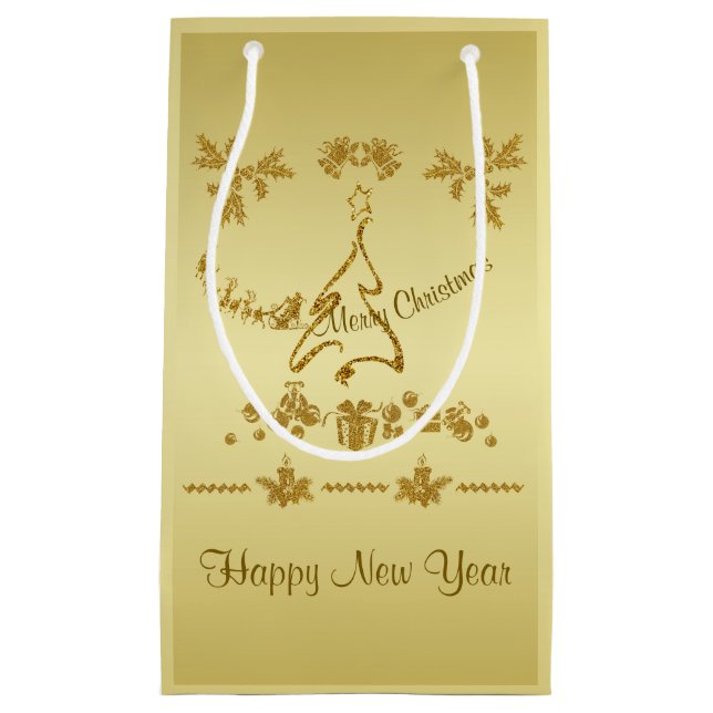 Gold Glitter Merry Christmas, Santa Claus on gold  Small Gift Bag (Front)
