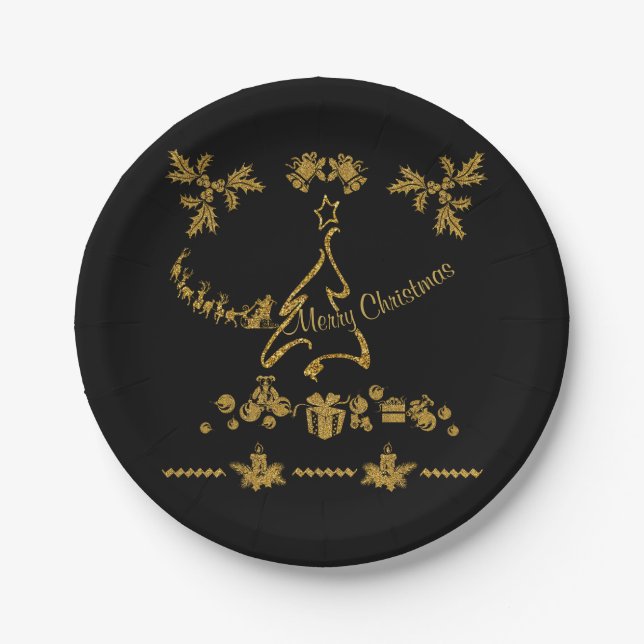 Gold Glitter Merry Christmas, Santa Claus Paper Plate (Front)