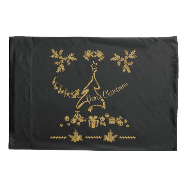 Gold Glitter Merry Christmas, Santa Claus Pillowcase (Back)