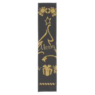 Gold Glitter Merry Christmas, Santa Claus Short Table Runner