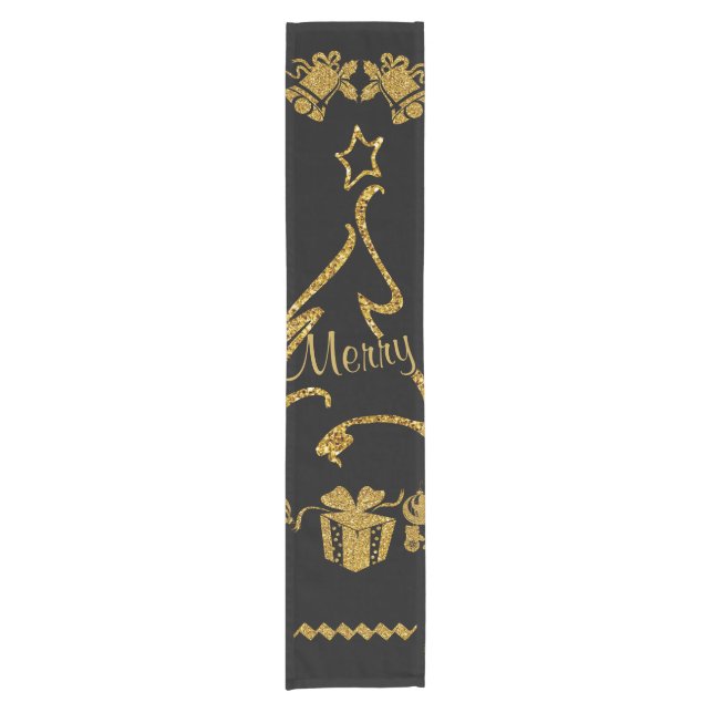 Gold Glitter Merry Christmas, Santa Claus Short Table Runner (Front)