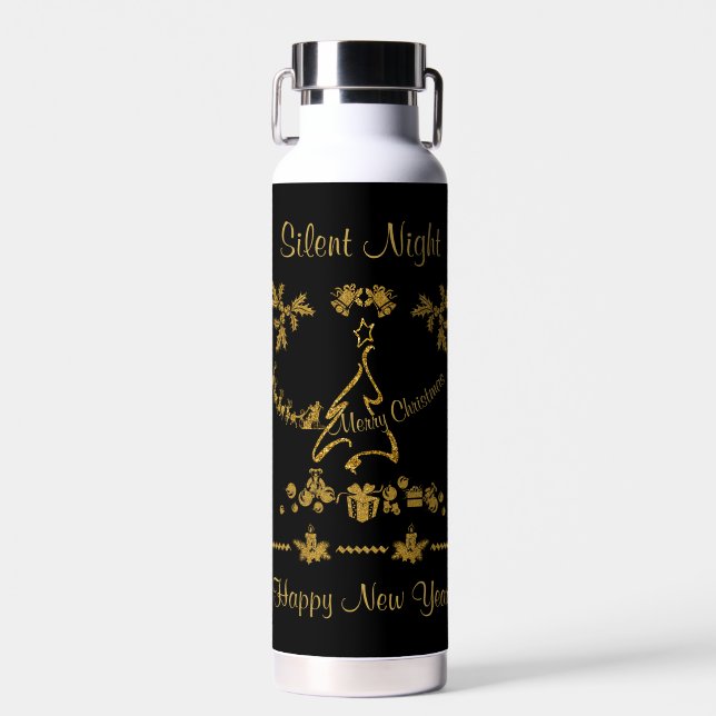 Gold Glitter Merry Christmas, Santa Claus Water Bottle (Front)
