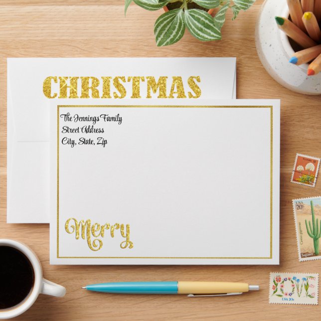 Gold Glitter Merry Christmas Snowflakes  Envelope (Desk)
