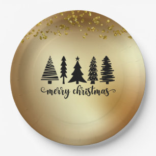Gold Glitter Merry Christmas Tree  Paper Plate